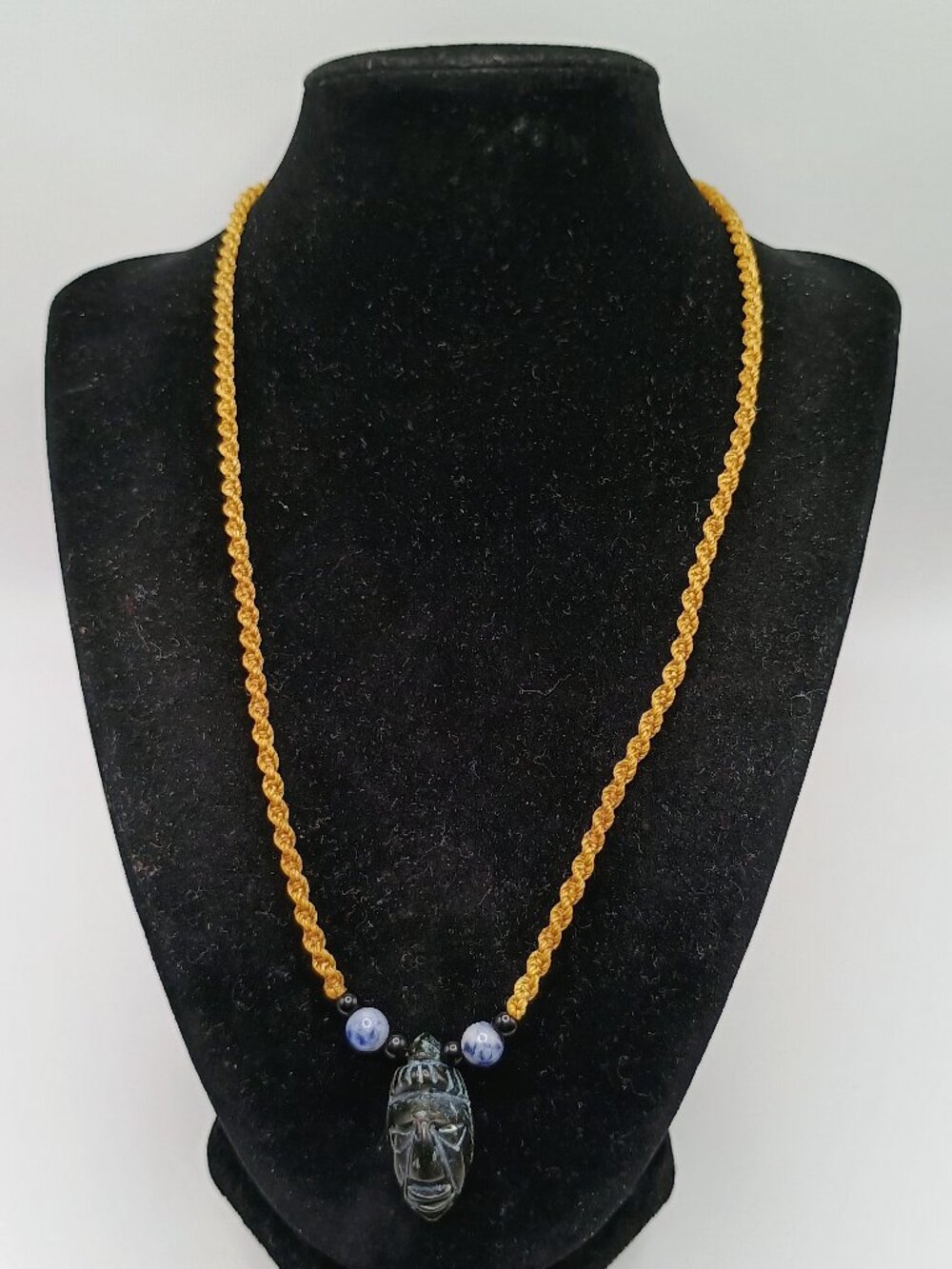 Macrame Necklace Pendant Inca Manco Capac Mask Natural Stone